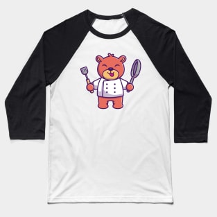 Cute Chef Bear Holding Pan And Spatula Cartoon Baseball T-Shirt